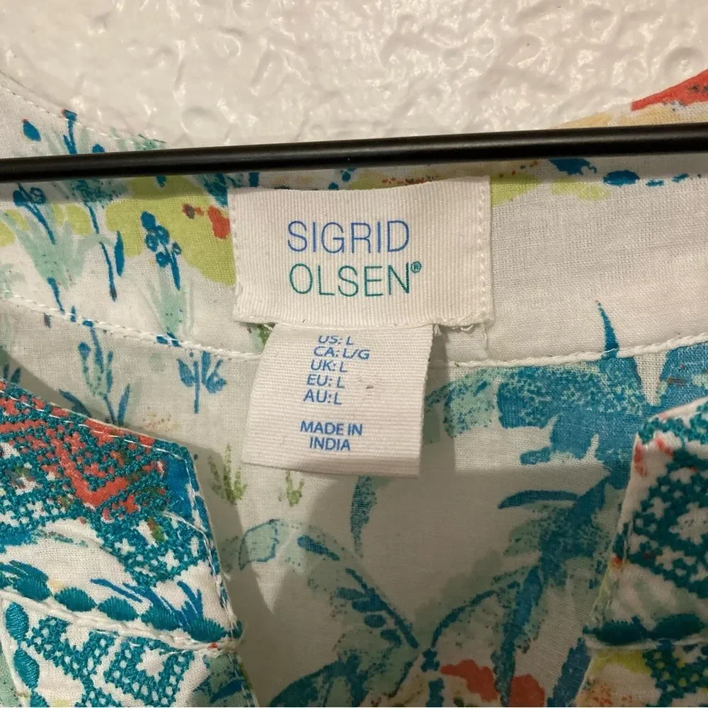 Sigrid Olsen Tropical Print Sleeveless Top Large Embroidered